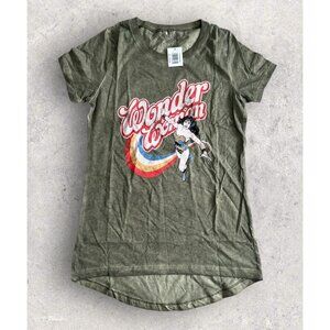 WONDER WOMAN Women's Olive Green Rainbow Graphic T Shirt Size Medium NEW NWT